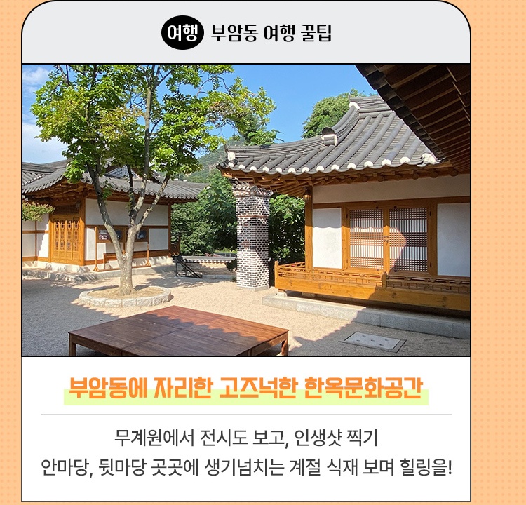 여행·부암동 여행 꿀팁 | 부암동에 자리한 고즈넉한 한옥문화공간 | 무계원에서 전시도 보고, 인생샷 찍기 안마당, 뒷마당 곳곳에 생기넘치는 계절 식재 보며 힐링을!
