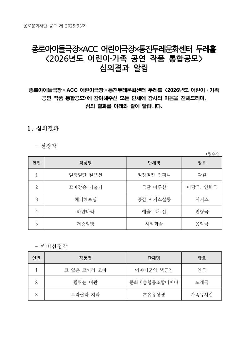 붙임6 2026년도 어린이가족공연 공모심사 결과 공고문1